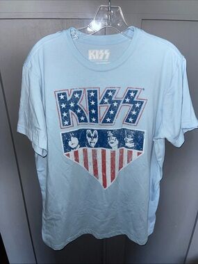 Kiss Light Blue Short Sleeve Tee with American Flag Graphic
